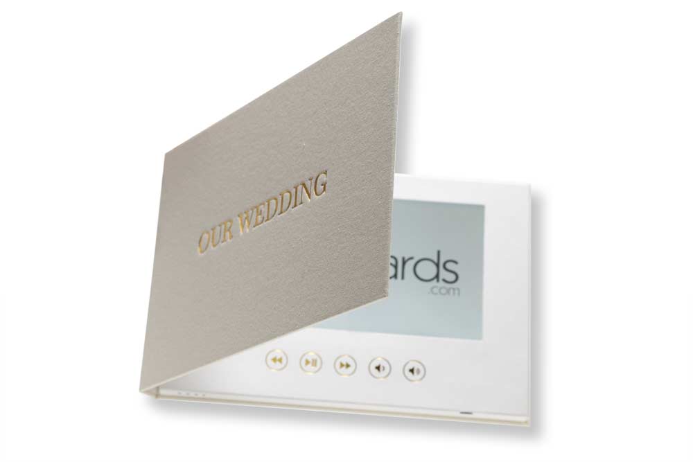 White hardcover wedding video brochure in linen