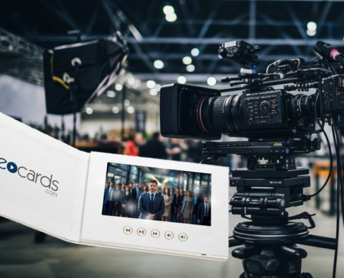 Video brochure in front of a video camera in a studio