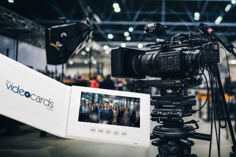 Video brochure in front of a video camera in a studio