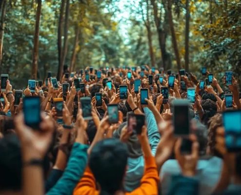 A large group of people with cell phones in their hands.