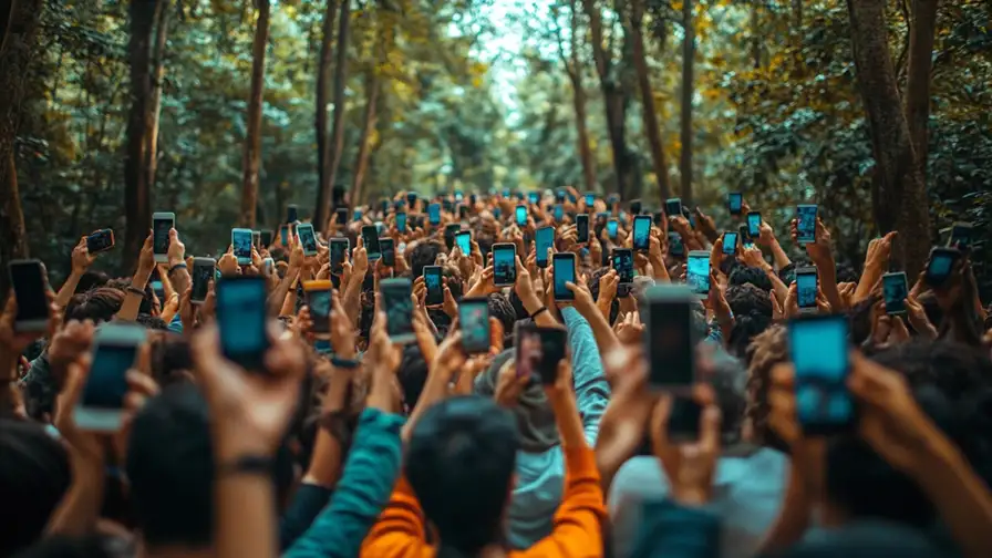 A large group of people with cell phones in their hands.